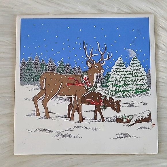 Vintage 90s Christmas Winter Snow Woods Scene Reindeer Deer Buck Cork Back Tile - Picture 1 of 13